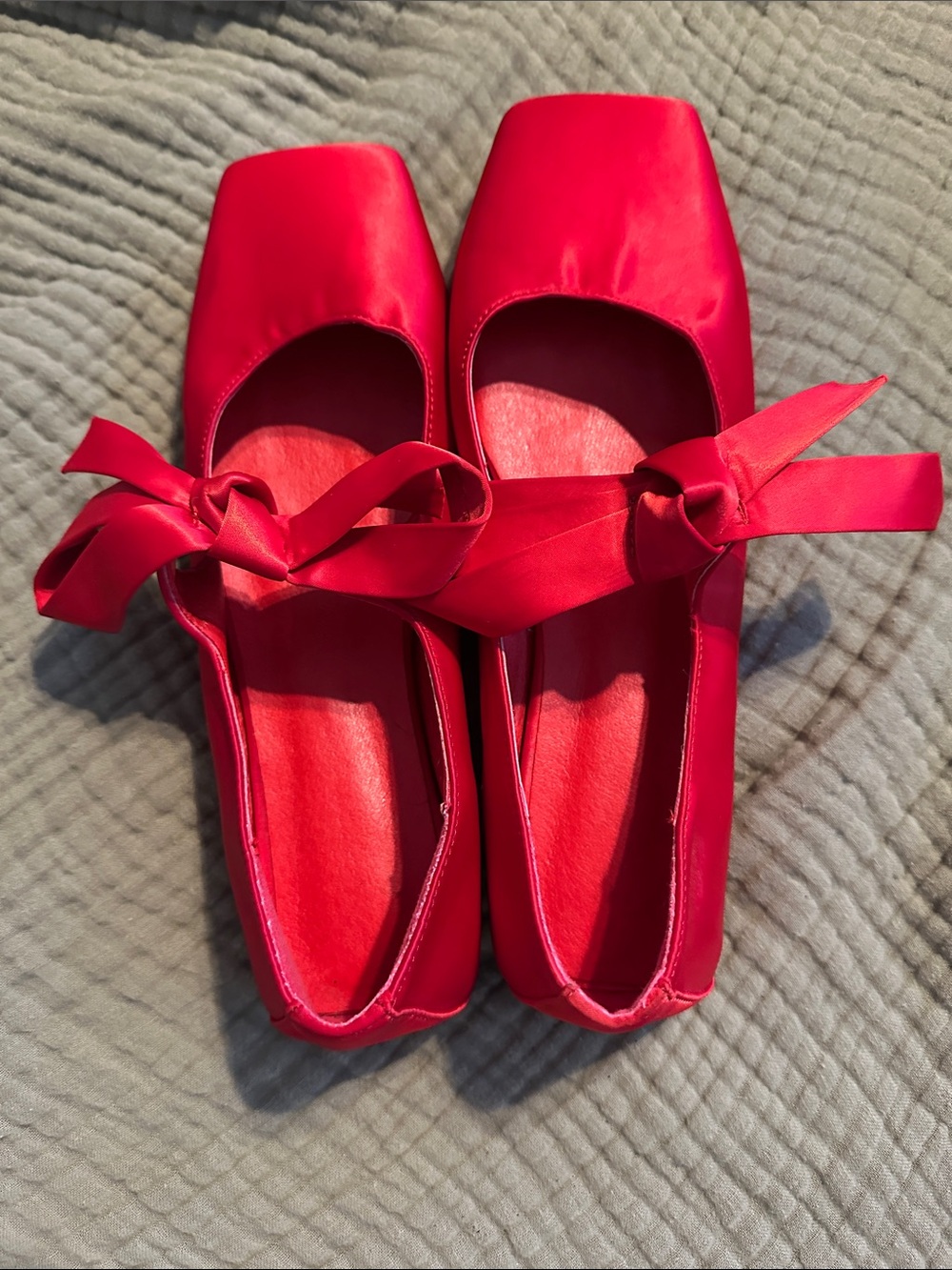Red Satin Ribbon Tie Ballet Flats for Women